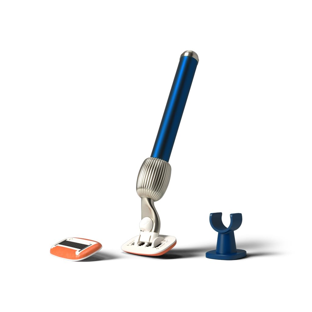Fler The Razor Starter Set – Damenrasierer mit Austauschbaren Rasierköpfen, Rasierer mit Halterung und 2 Ersatzklingen, Unisex-Rasierer, Rasierklingen mit Aloe Vera, Vitamin E (Midnight Blau)