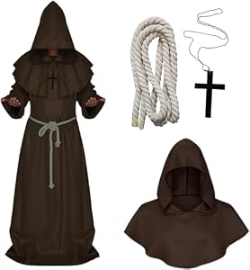 helymore Mittelalterliche Mönchsrobe Priesterrobe mit Kapuze und Kreuz Mönchsrobe Halloween Karneval Cosplay Kostüm Umhang, L