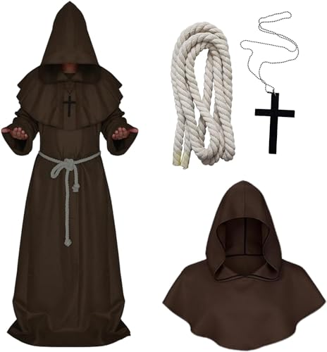 helymore Mittelalterliche Mönchsrobe Priesterrobe mit Kapuze und Kreuz Mönchsrobe Halloween Karneval Cosplay Kostüm Umhang L