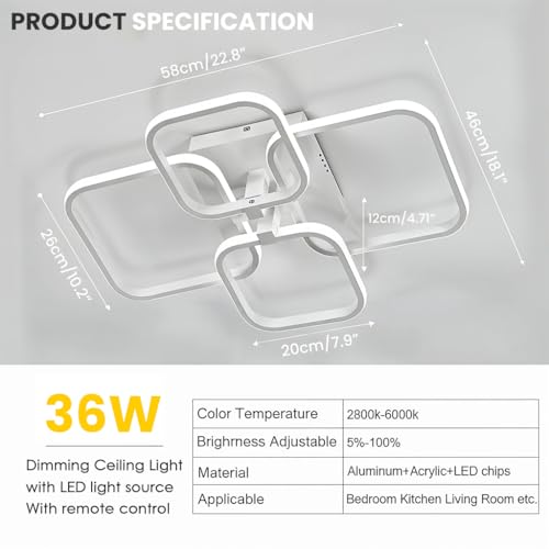 Image of ELEPHANTBOAT Chandelier Lights for Ceiling, LED Ceiling Lights for Living Room with Remote Control, White Acrylic Modern 3-Color Ceiling Fancy Light Flush Mount, 58x45x12cm