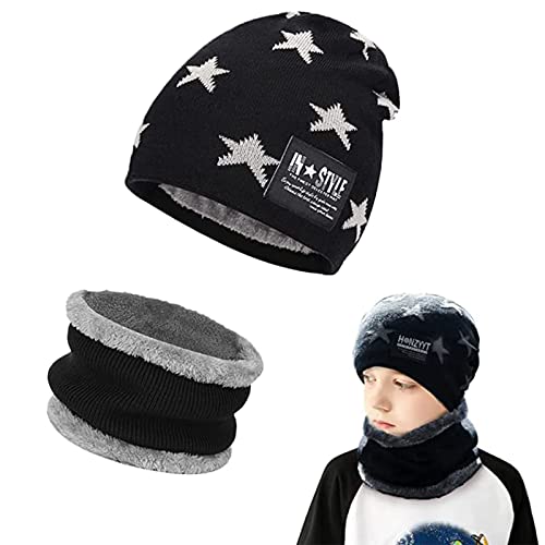 Wintermütze Wintermütze für Kinder,Winter Beanie MützeDicker, Weicher, Doppelschichtiger Plüschfutterhut und Halswärmer für,Wintermütze und Schal-Set für Jungen Mädchen von 6 bis 15 Jahren (Schwarz) Cover