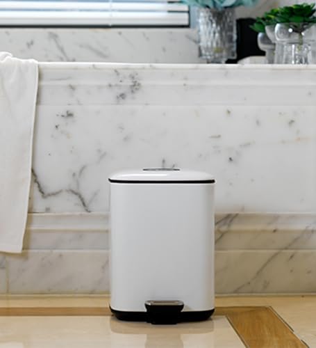 Image of Obsessions EKO Soft-Close Bathroom Trash Can - 6L Stainless Steel Pedal Bin with Lid & Liner, Elegant White Waste Basket for Home & Kitchen