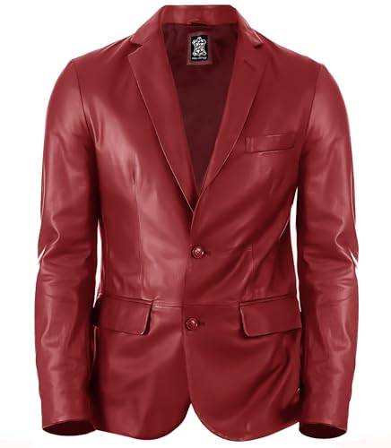 Lambskin Mens Leather Blazer 2 Button Sport Coat- Real Lambskin Blazers for Men Premium Leather Coat (Small, Red)
