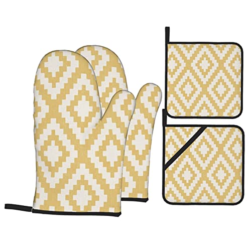 Geometric Mustard Printed Oven Mitts And Pot Holders Heat Resistant Potholders Oven Gloves And Pad For Baking Kitchen Grilling - 4 Set #TOP17