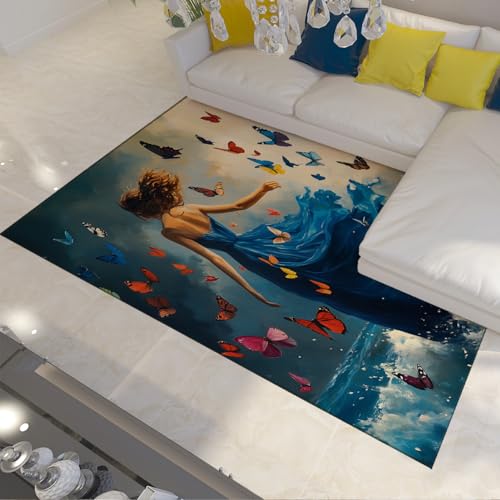 Tapis doux antidérapant bleu lavable design papillon élégant - 2