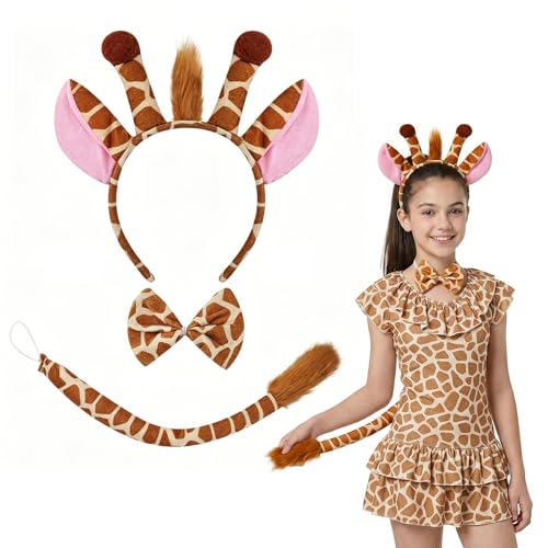 HYRKOTW 3 Giraffen-Kostüm-Set mit Haarreifen Giraffenohren mit Fleckenmuster verstellbarem Schwanz und Fliege für Erwachsene und Kinder ideal für Karneval Halloween (Giraffe)