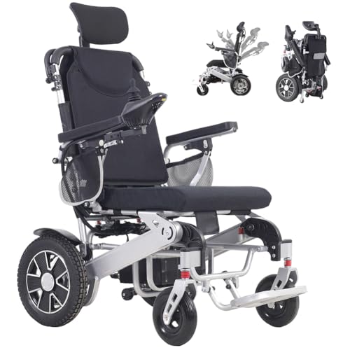 Juodkeo Fauteuil roulant électrique motorisé tout-terrain inclinable léger pour personnes âgées, avec repose-tête, pliable en trois secondes (1 batterie, portée 25 km, seulement 27,4 kg)