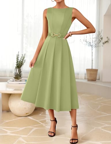 Image of ZESICA Women Summer Sleeveless Midi Dresses 2026 Elegant Boat Neck A Line Tie Waist Spring Cocktail Party Dress