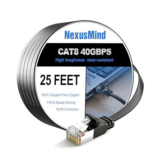 NexusMind Cat 8 Ethernet Cable 25 ft, 40Gbps High Speed, 2000MHz Bandwidth, Low Signal Loss, Stable Connection for Router, Gaming Console, Modem, PC (25ft, Black)