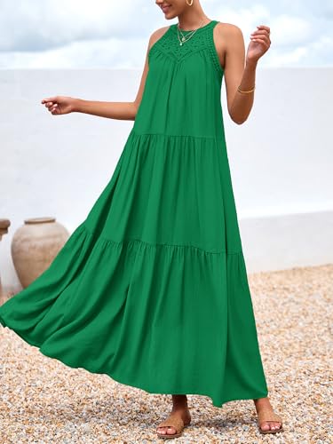 Image of BTFBM Halter Summer Dresses for Women 2026 Casual Spring Hollow Out Sleeveless Boho Sundresses Beach Vacation Maxi Dress