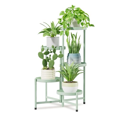 Image of iDavosic.ly 5 Tier Large Plant Stand Indoor, 10 Inch Wide Corner Tall Metal Plant Stands Outdoor for Multiple Plants, Folding Tiered Flower Display Holder Rack Shelf, Light Green