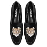 SINSIYONG Embroidered Loafers for Women Round Toe Velvet Flats with Tiger Head Pattern (Black, Size9.5)