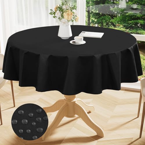 Image of Smiry Round Table Cloth 60 Inch, Waterproof Wipeable Vinyl Tablecloths Protector, Oil Spill Proof Plastic Table Cover for Dining, Picnic, Camping, Outdoor, Black