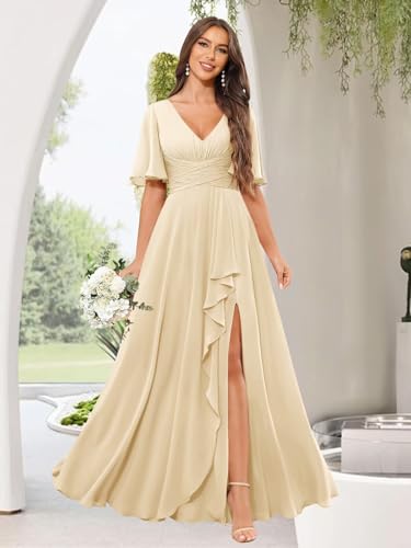 Women's Ruffle Bridesmaid Dresses for Wedding V Neck Chiffon Short Sleeve Pleated Formal Evening Gown4