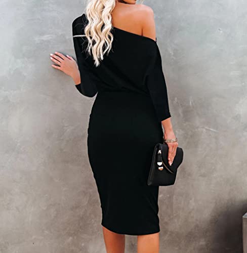 Ezbelle Women's Off The Shoulder 3/4 Sleeve Batwing HIPS-Wrap Pencil Party Sexy Bodycon Midi Dress Loose4