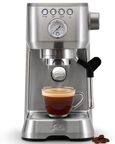 Solis Barista Perfetta Plus Espressomaschine, Halbautomatische Kaffeemaschine mit Milchschäumer, Programmierbare Kaffeemaschine mit abnehmbaren Wassertank, Heißwasser- und Dampffunktion, Silber