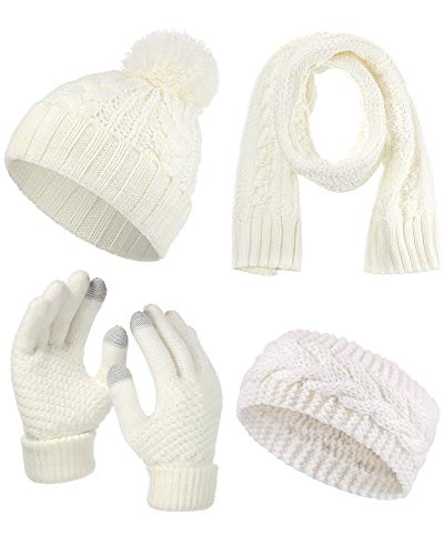SATINIOR 5 Pcs Cable Knit Scarf Glove Hat Set Include Beanie Hat Gloves Scarf Headband