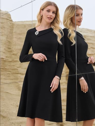 Women's A Line Work Dress Long Sleeve Asymmetrical Neckline Office Flare Dresses2