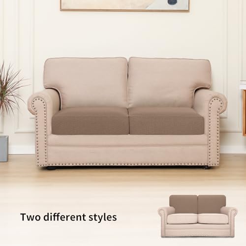 Image of Easy-Going Stretch 2 Pieces Couch Cushion Cover for Sofa Seat | Individual Furniture Protector Sofa slipcover for 2 Cushion Couch Washable Soft with Elastic Bottom Camel