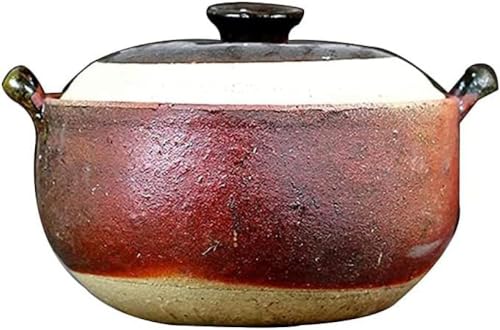 Olla caliente de cerámica, cacerola con tapa, cazuela tradicional de barro antigua, recipiente pequeño y redondo de barro hecho de loza, olla arrocera para fideos esteágicos, 3,5 L