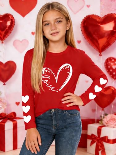 Image of Girls Valentines Day Shirt:Cute Heart Graphic Long Sleeve Tee Tops 6-14y