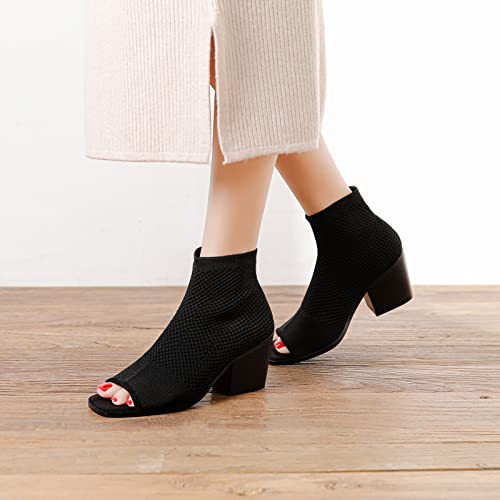 Zaynsia Women's Peep Toe Chunky Heel Ankle Boots Open Toe Knit Sock Booties Casual Slip On Ankle Boot Shoes #TOP5