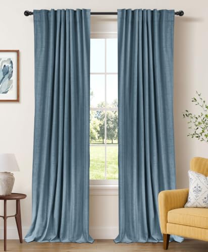 Image of Faux Linen Total Blackout Curtains for Bedroom 90 Inches Long, Stone Blue