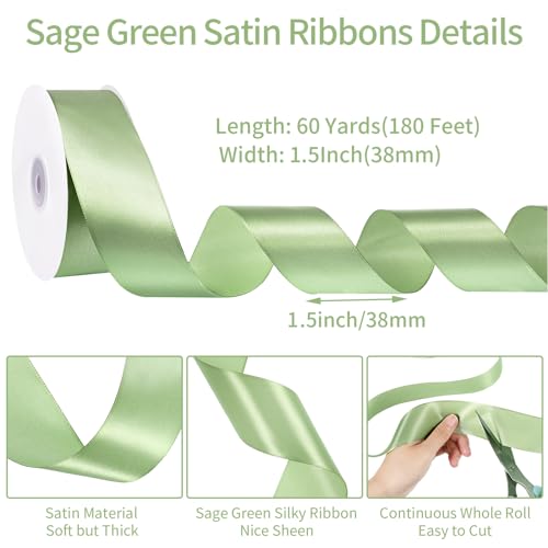 Image of woric Sage Green Ribbon 1 1 /2 Inch 60 Yards Light Green Satin Ribbon for Graduation Leis Wedding Decor Gift Baskets Hair Bows Baby Shower DIY Crafts Flower Bouquet Cake Wreath