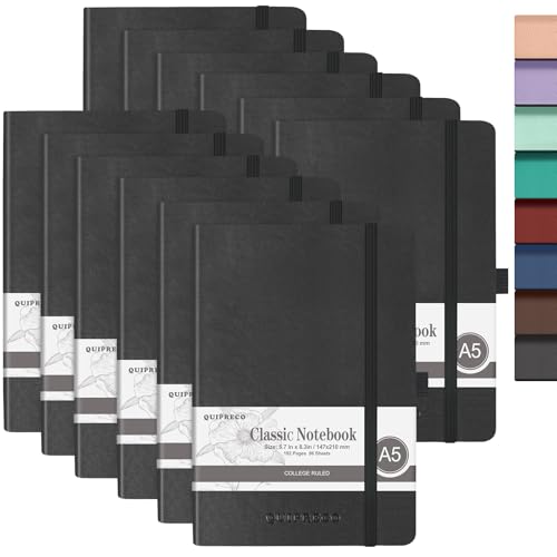 quipreco 12Pack Hardcover Lined Journal Notebook, A5 192 Pages 100Gsm Paper College ruled for School,Work,Travel,and Daily Planning，5.7''*8.3'',Black