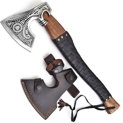 HACHE DE VIKING DÉCORATION LARP, CADEAU POUR LES FANS DE VIKING, Étui de transport, revêtement antiadhésif, lame en acier de haute qualité - manche en bois, longueur : 52 cm, 1 kg Cadeau d'anniversair