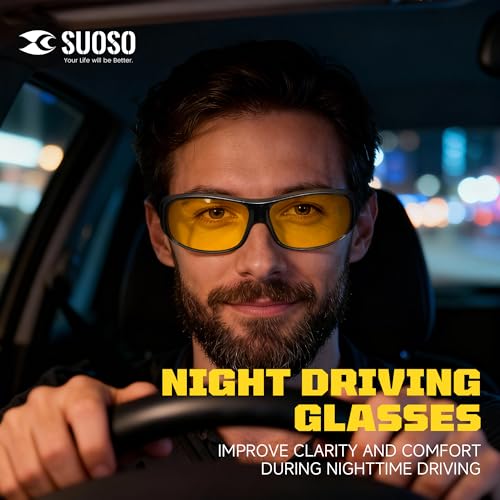 suoso Night Driving Vision Glasses Fit Over Eyeglasses for Men Women, Anti Glare Polarized Nighttime Glasses HD Yellow Lens — view 2