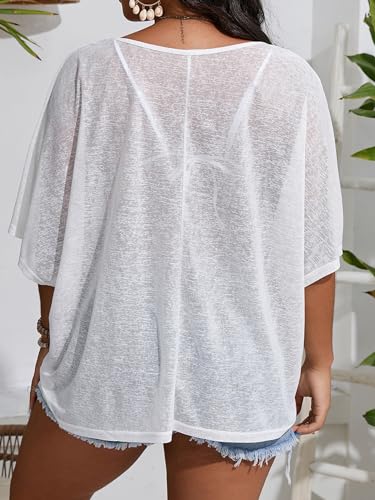 WDIRARA Women's Plus Size Deep V Neck Sheer Cover Up Top Loose Beach Coverups3