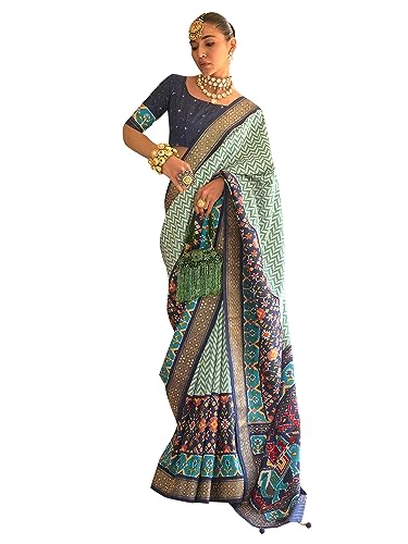 SAREE MALL Geometric Printed Embellished Work Patola Silk Saree With Unstitched Blouse Piece (Blue_RNSHIBA1072