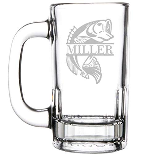 Engraved 12 oz Beer Mug Stein Glass Custom Personalized Gift Bass Fish Fishing