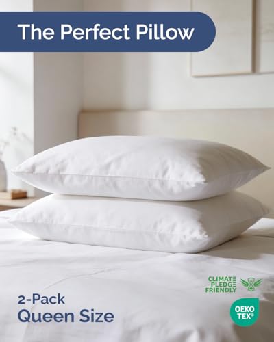 Image of CGK Linens Ultra Thin Flat Pillows for Sleeping - Queen Size Pillows Set of 2 - Soft, Cozy Down Alternative Bed Pillows for Back & Stomach Sleepers - Low Density, Low Loft Support - 20 inch x 30 inch - White