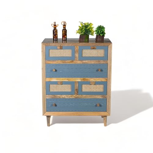 Image of Solid Wood Luffy Chest of Drawer | Dresser with 6 Drawers | Wooden Chest of Darwers | Chest of Drawers with Cane /Rattan | Finish- Grey and Natural