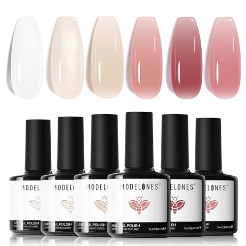 Modelones Vernis Semi Permanent,Vernis Gel UV Semi Permanent Kit Blanc Nude Rose Transparent 6 Couleur Vernis à Ongles Semi Permanent Soak Off Gel Polish French...