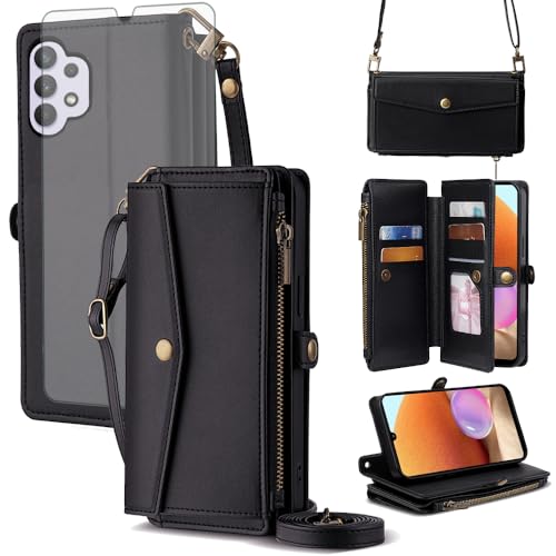 Asuwish Coque pour Samsung Galaxy A32 4G Portefeuille avec Verre Trempé et Cordon Porte Carte Chaine PU Cuir à Clapet Étui Housse Support Galaxie A 32 32A...