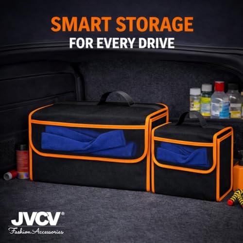 Image of JVCV Car Trunk Organizer Foldable Storage Bags with Mesh Pocket | Anti Slip Car Dicky Universal Organizer Set for SUV Hatchback Sedan (Combo - Large + Small - Black Orange)