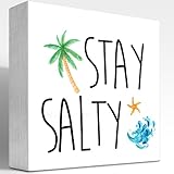 z-crange サマーデスクデコレーション、Stay Salty Beach 木製ボックスサインデスクデコレーション、素朴な航海海の波 ヤシの木 ビーチボックスブロックサイン 海岸の家 ホームシェルフ テーブル装飾 デコレーション