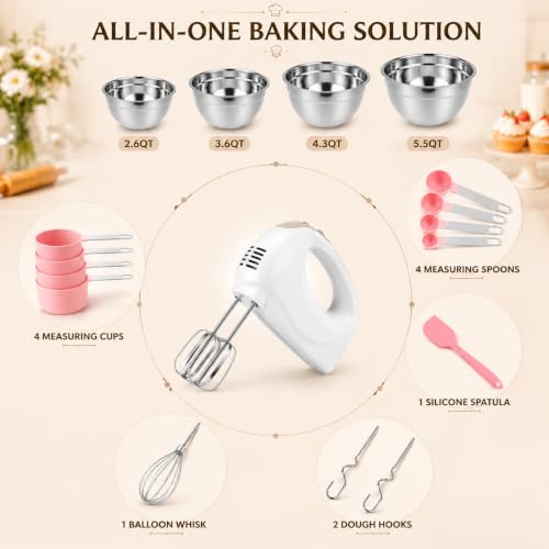 Image of Showvigor Electric Hand Mixer with 5 Stainless Steel Whisks,5 Speed,White