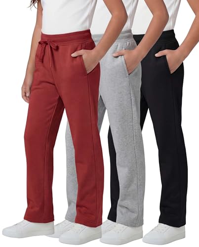 Image of Real Essentials 3 Pack: Girls' Fleece Open Bottom Soft Athletic Performance Casual Sweatpants(Ages 7-16)