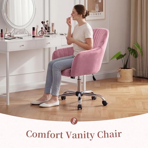 Image of Warmiehomy Vanity Chair, Velvet Office Chair, Desk Chair for Home Office, Comfy Task Chair with Arm Rest for Reading Makeup, Dusty Rose