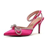 Arqa Rhinestone Bow Heels for Women Pointed Toe Crystal Ankle Strap Slingback Pumps Satin Stiletto High Heel Sandals Wedding Bridal Shoes Peach Size 10