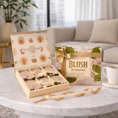 Image of Sancha Tea Boutique, Blush Tea Selection, Luxury Gift Box with 30 Pyramid Bags, Individually Wrapped Assortment of Green, Black, White & Herbal Infusions, Premium Gifting Hamper