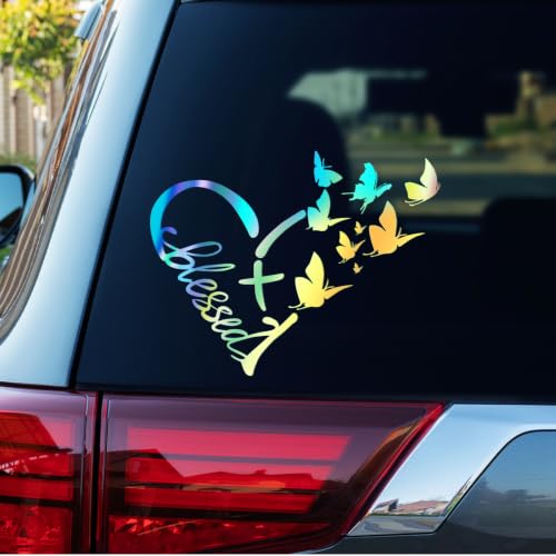 Image of Blessed Cross & Butterfly Heart Decal- 8.6 inchx7.5 inch Inspirational Faith Waterproof Vinyl Sticker for Car, Truck, Window, Bumper, Laptop, Wall (Heart-Holographic)