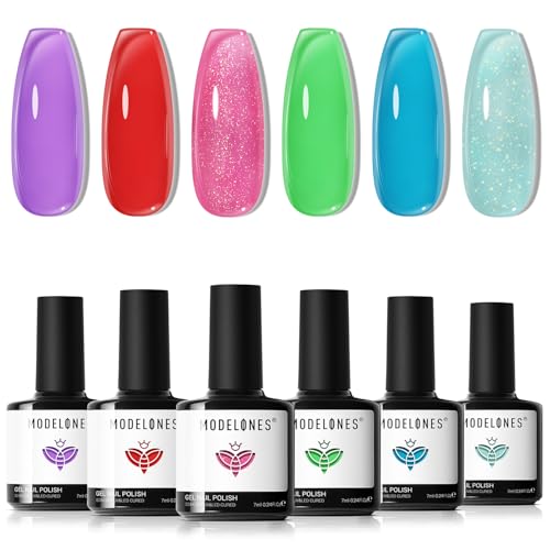 Image of modelones Gel Nail Polish, 6 Colors Jelly Gel Polish Neon Red Blue Green Pink Purple Nail Art Design Translucent Soak Off Manicure Salon DIY Girls Women Gift