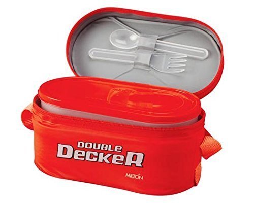 Image of MILTON Double Decker Plastic Lunch Box with Insulated Jacket, 3 Containers (450 ml, 280 ml, 280 ml), Microwavable & Leak-Proof Tiffin for Office, School, College, Red
