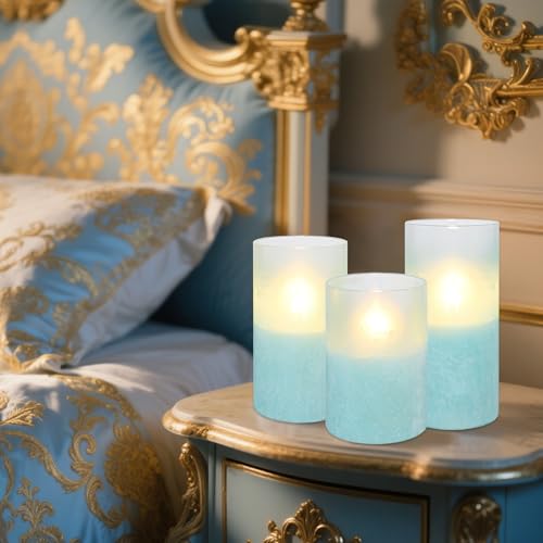 Image of Glass Flameless Candles with Timer, Battery Operated Flickering Led Pillar Candles, Turquoise Candles for Home Decorations, Centerpiece, Nautical Theme Party