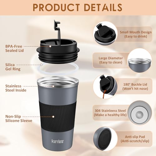 KETIEE Travel Coffee Mug Spill Proof 12oz, Insulated Reusable Coffee Cups with Seal Lid, Vacuum Stainless Steel Travel Mug to Go Car Tumbler for Hot/Ice Drinks (Grey)